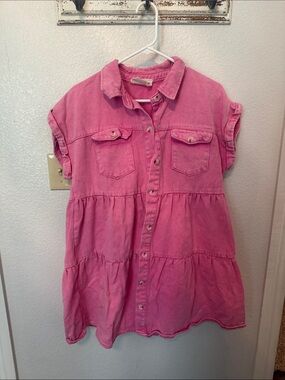 Savanna Jane pink denim Tiered Button-Front Shirt Dress